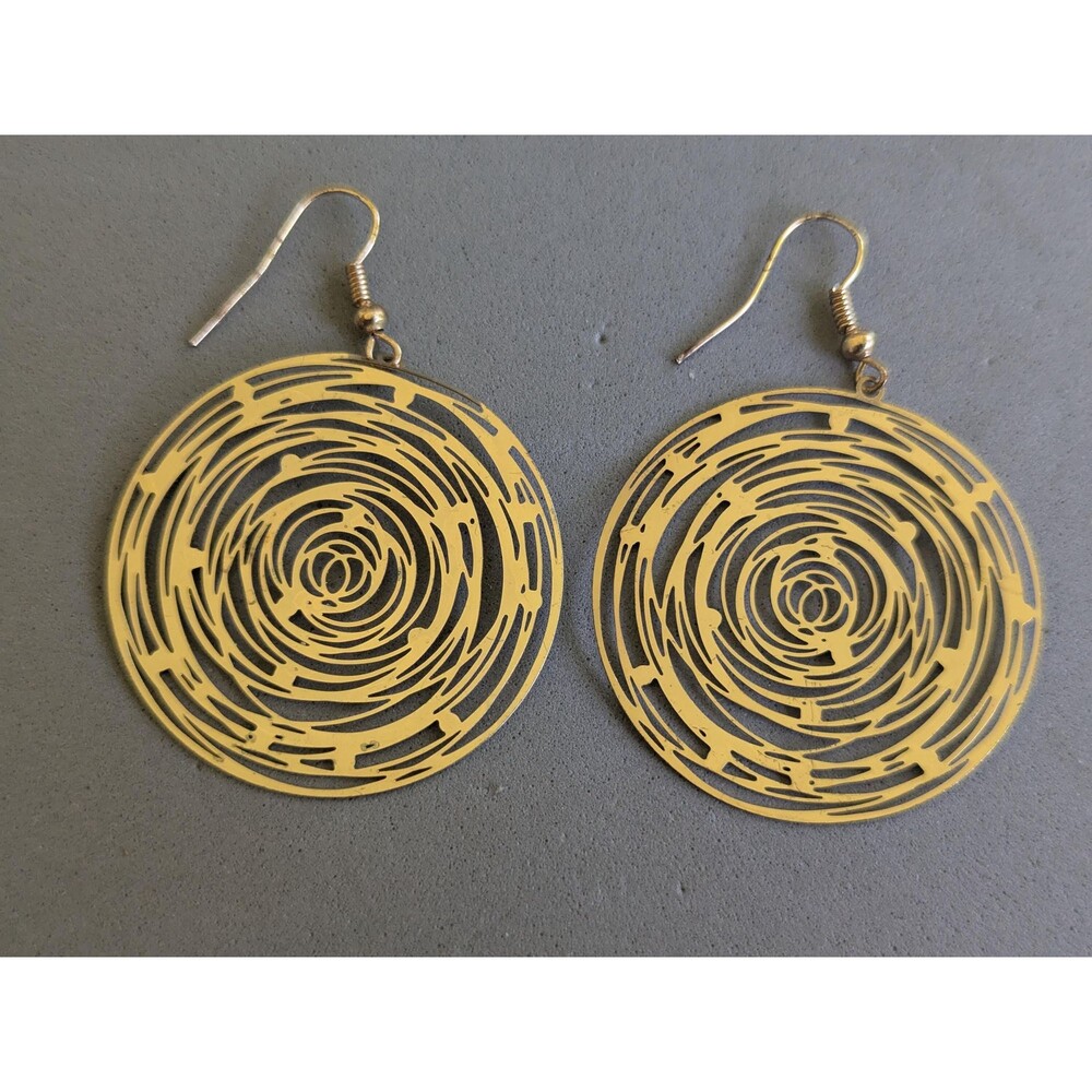 Vintage Gold Tone Spiral Disc Dangle Earrings Abstract Cutout Boho Statement